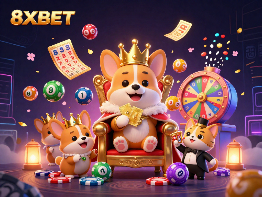 Engage with thrilling games at 8XBET, featuring corgis and dynamic lottery elements in a vibrant casino scene.