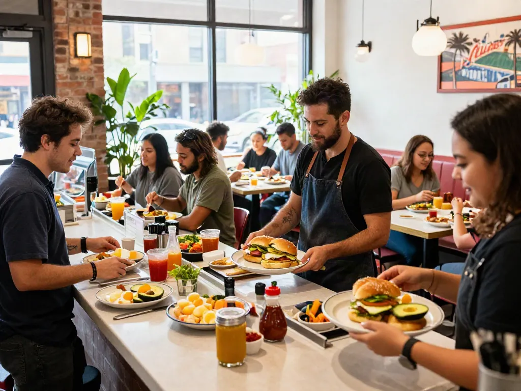 Enjoying breakfast near me (Austin Texas area) at a bustling diner with vibrant NYC-inspired sandwiches and happy customers.