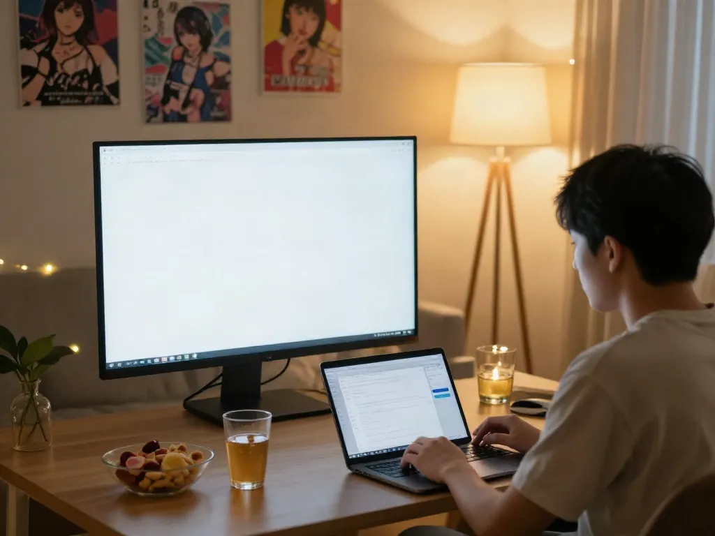 Watching jav sub indo with cozy setup and snacks in inviting room.