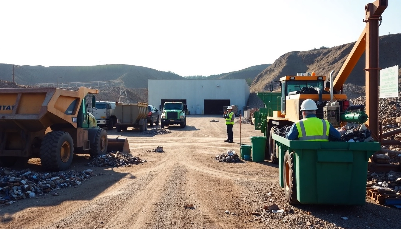 Active scene at the Bonnyville dump with workers and waste management vehicles.