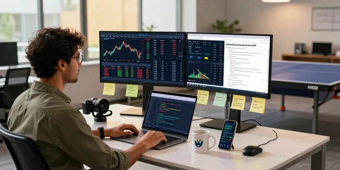 Developers utilizing the India stock fundamental data API at a tech workspace, showcasing real-time market data.