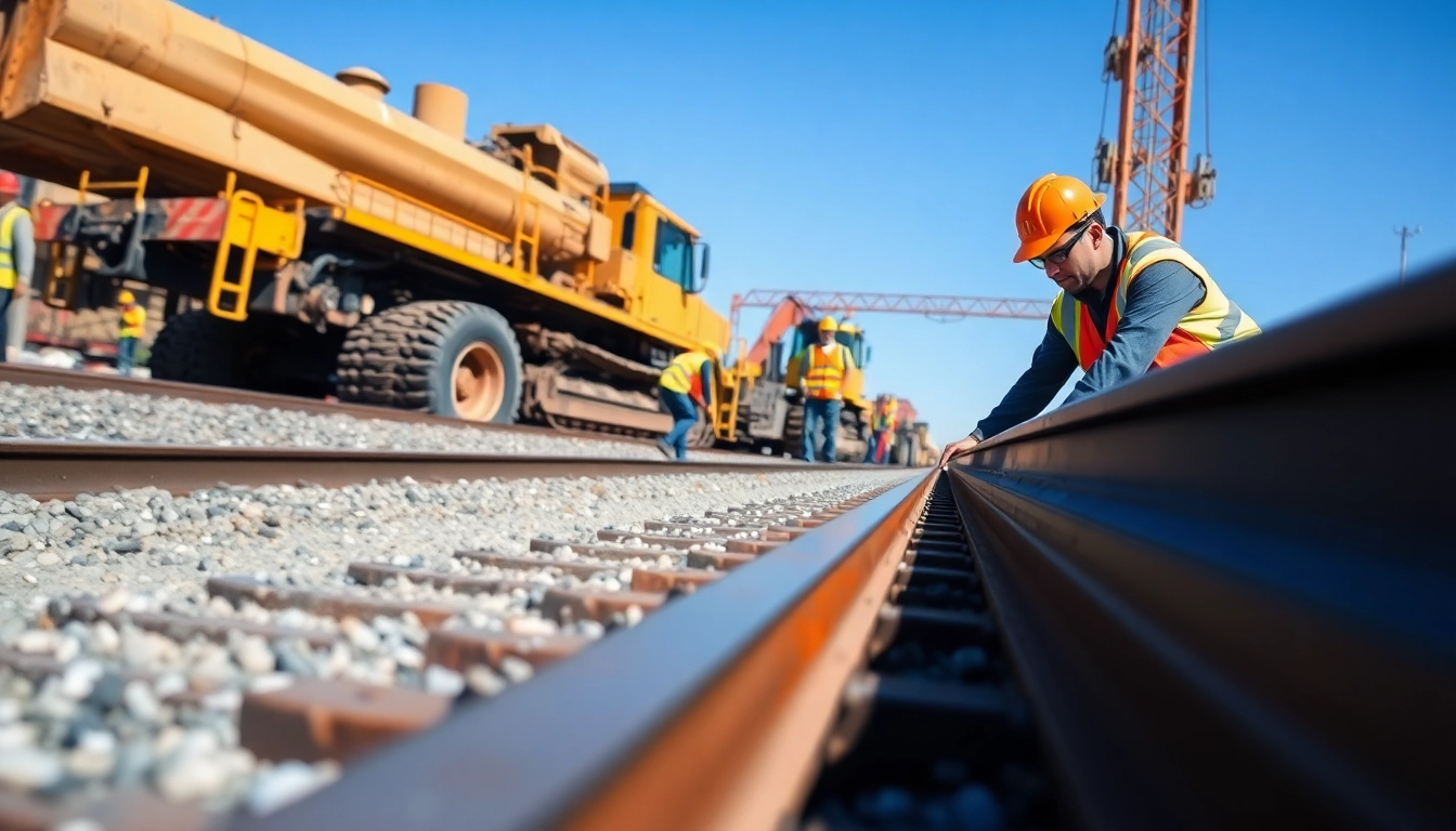 Workers of a Railroad Track Construction Company operate heavy machinery to build railroads.