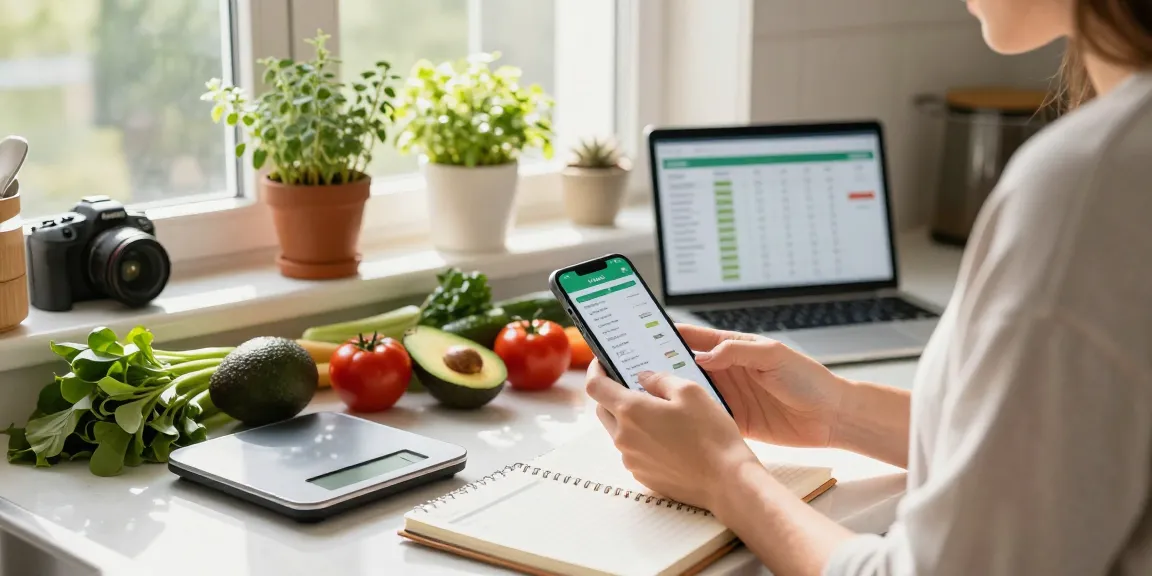 Tracking nutrition with the best food tracker app in a bright kitchen.