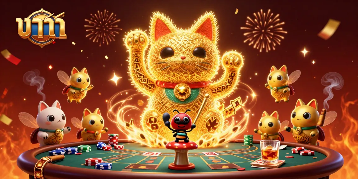 Experience baccarat excitement with a lucky cat and vibrant casino elements in this dynamic scene.