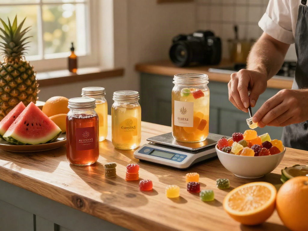Hands preparing Activist Edibles gummy treats with fresh fruits in a cozy kitchen.
