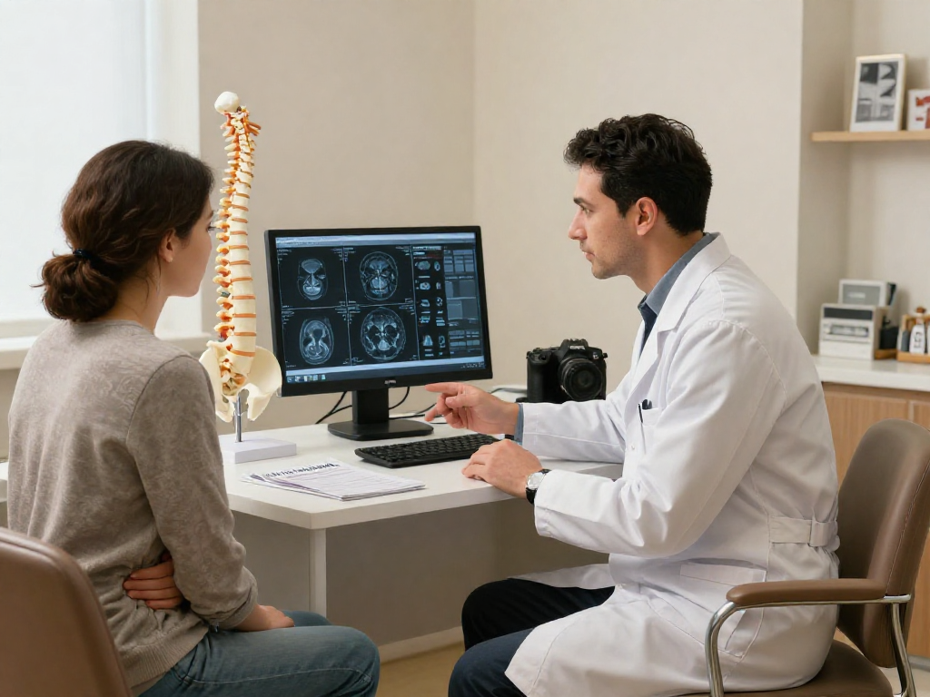 Discussion about Bel fıtığı ameliyatı in a modern healthcare office setting, featuring a surgeon and patient consultation.