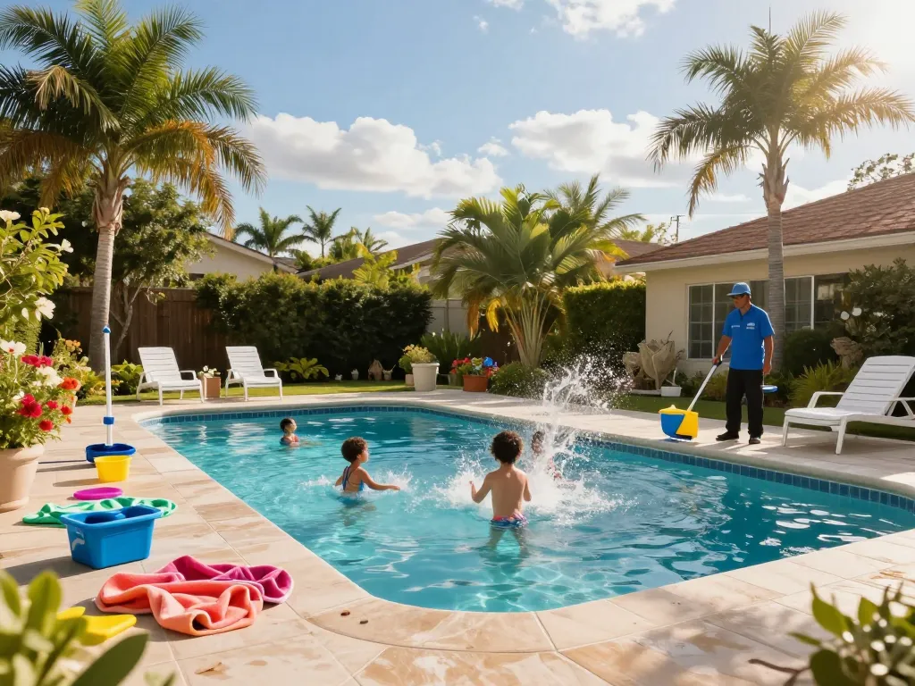Family enjoying a sunny day by the pool while Dolphin Pool Services conducts maintenance.