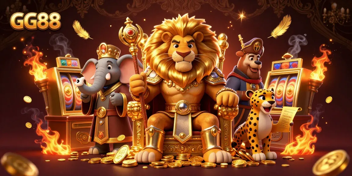 Experience thrilling wins with GG88 as a fierce lion king leads the casino adventure.