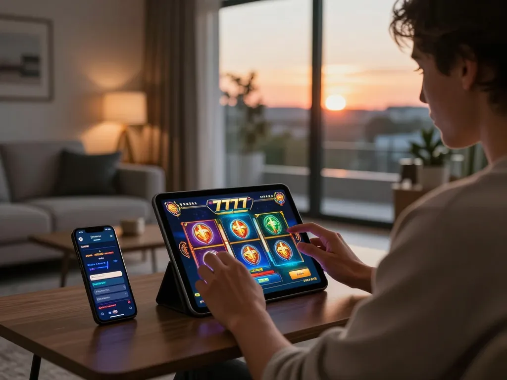 Player engaging with slot777 game on tablet in a cozy living room, showcasing strategic online gambling.