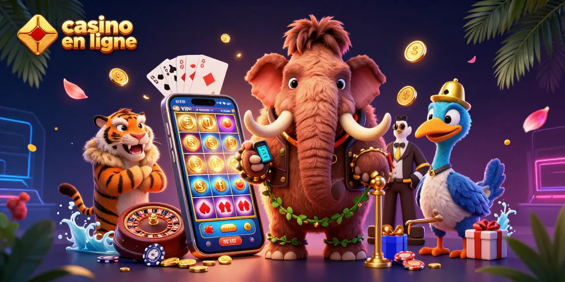 Un mammouth casinotier vérifie les identités à l'entrée d'un casino en ligne, entouré de jeux colorés.