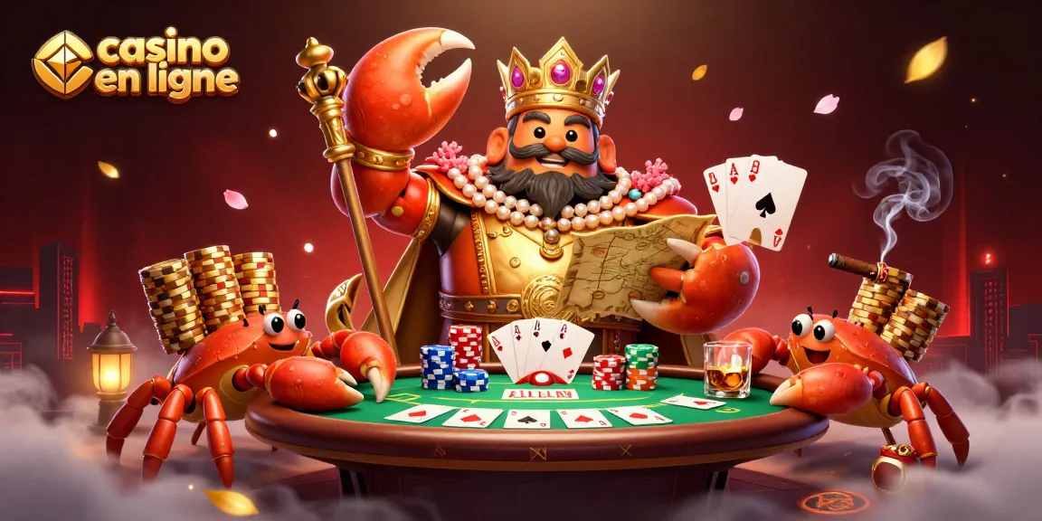 Illustration fantastique d'un casino en ligne avec un crabe empereur doré et des éléments de jeu captivants.