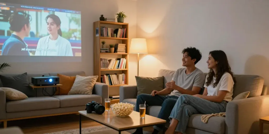 Couple enjoying a cozy movie night watching jav sub indo with snacks and warm lighting.