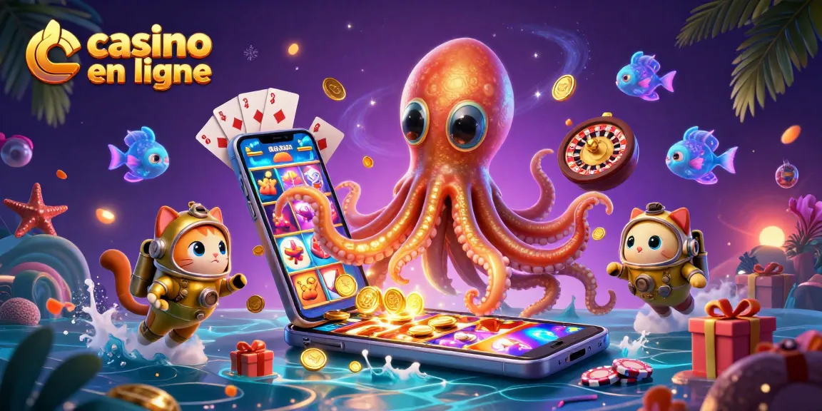 Illustration dynamique de casino en ligne avec kraken, chat plongeant et jeux animés.