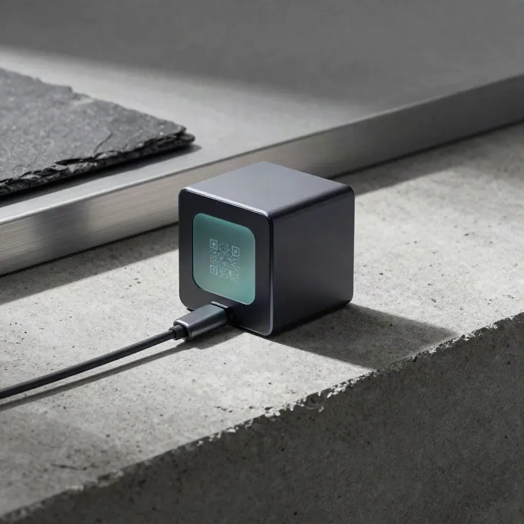 Black app-link cube, QR plaque and cable on a concrete plinth with teal glow and mist