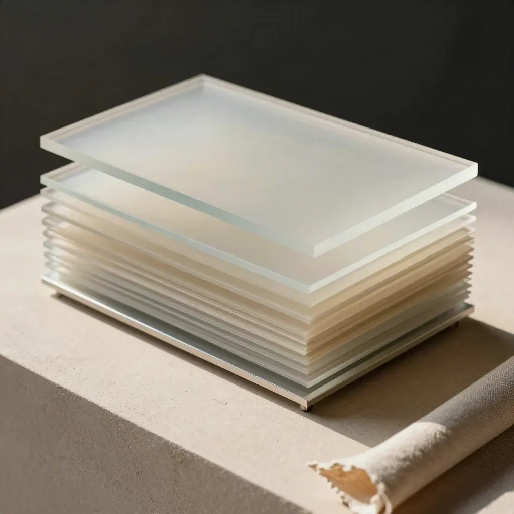 Translucent stacked page panels with linen edge on a sand plaster plinth.