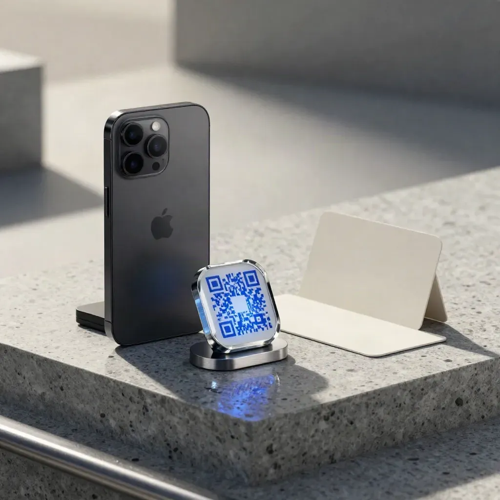 Matte-black smartphone hero with QR token and link stand on a moody studio surface.