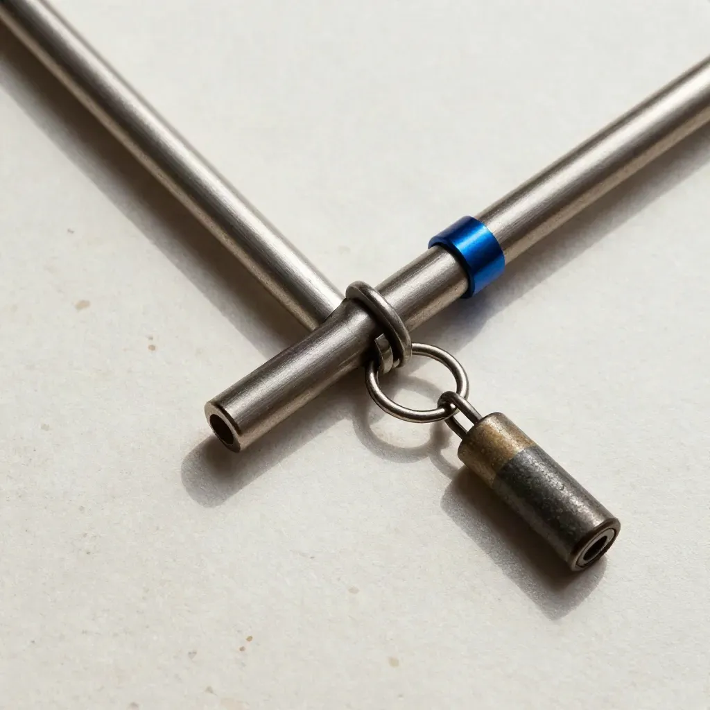 Overhead macro of aluminum links, a tag ring, and a dark enamel slug on paper and stone.
