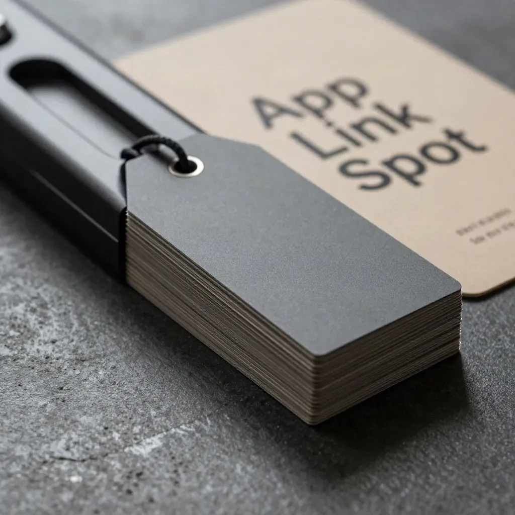 Matte campaign tags and tracker bar on black concrete under cool dramatic rim light.