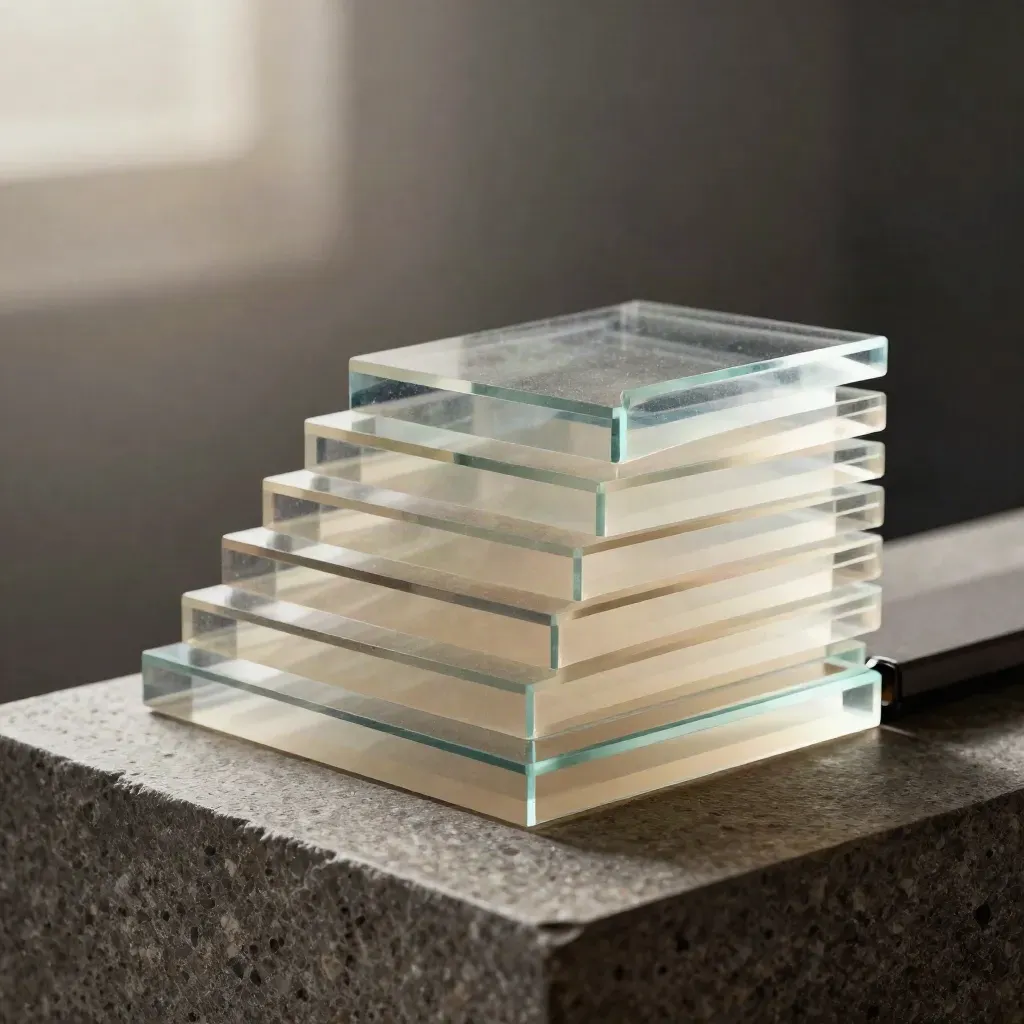 Tiered acrylic growth stack on brushed stone with a teal signal bar, lit in dramatic macro close-up.