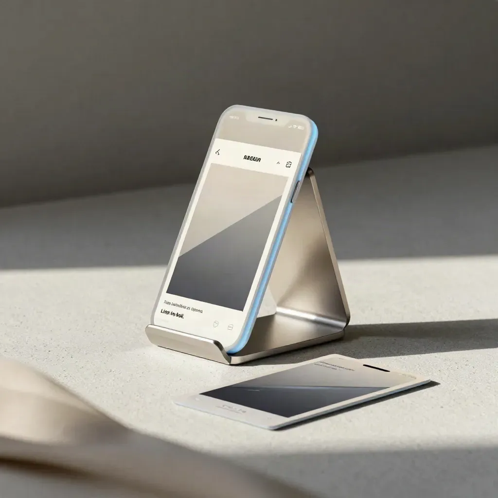 Link-in-bio page panel with phone stand and two small cards on pale concrete.
