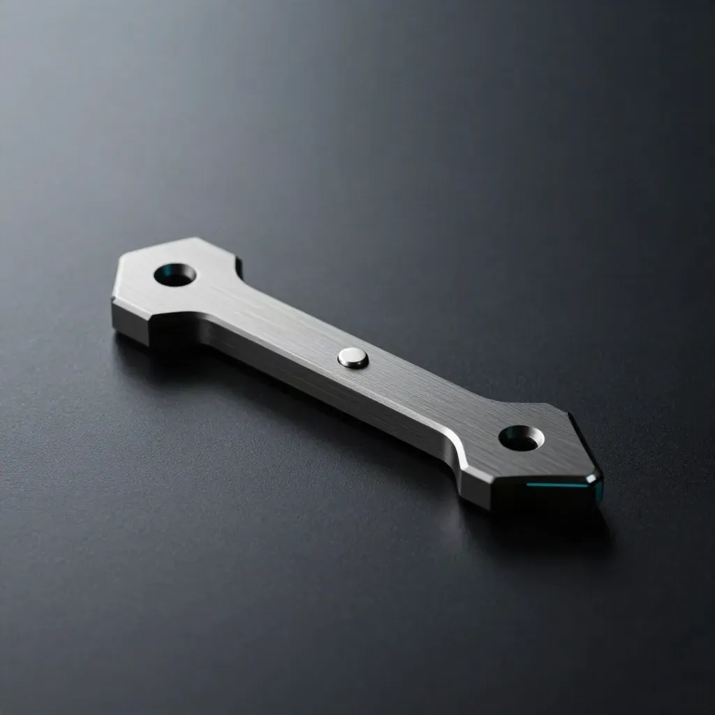 Metal route-switch assembly with two path nodes and a tiny token on a matte-black stage.