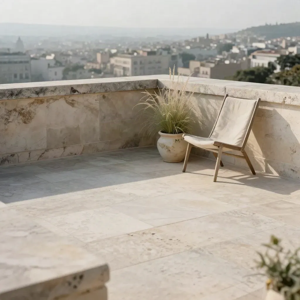 Golden limestone terrace with a linen chair and planter above a hazy city edge.