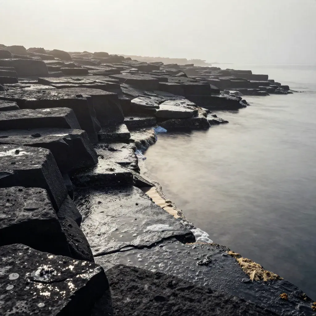 Foggy basalt shoreline with tide pool, retreating foam, and misty calm water.