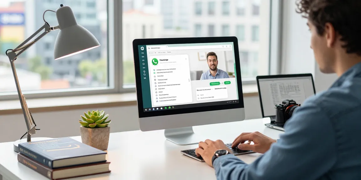 Person actively engaging with WhatsApp電腦版 on a modern desktop setup in a vibrant workspace.