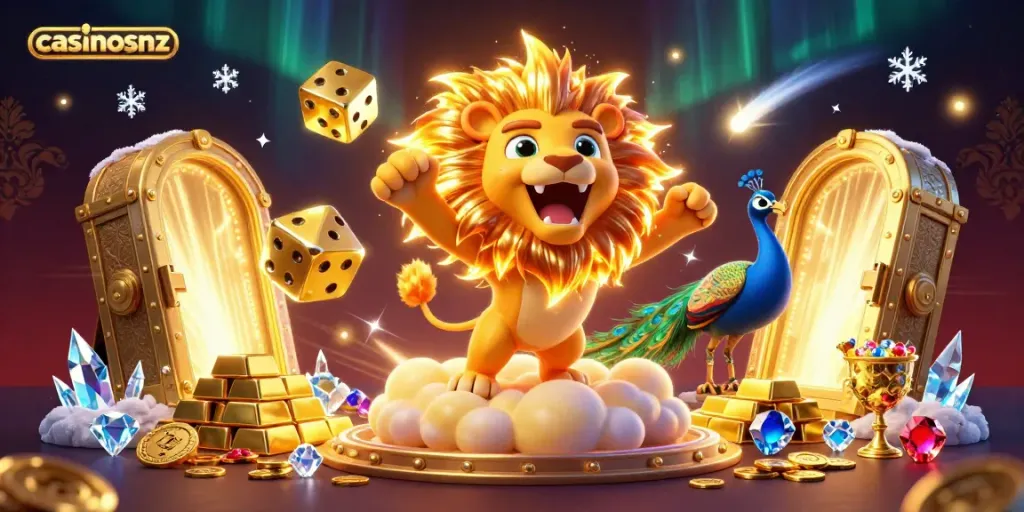 Experience the thrill of casinosnz with vibrant casino elements featuring a roaring lion and golden treasures.