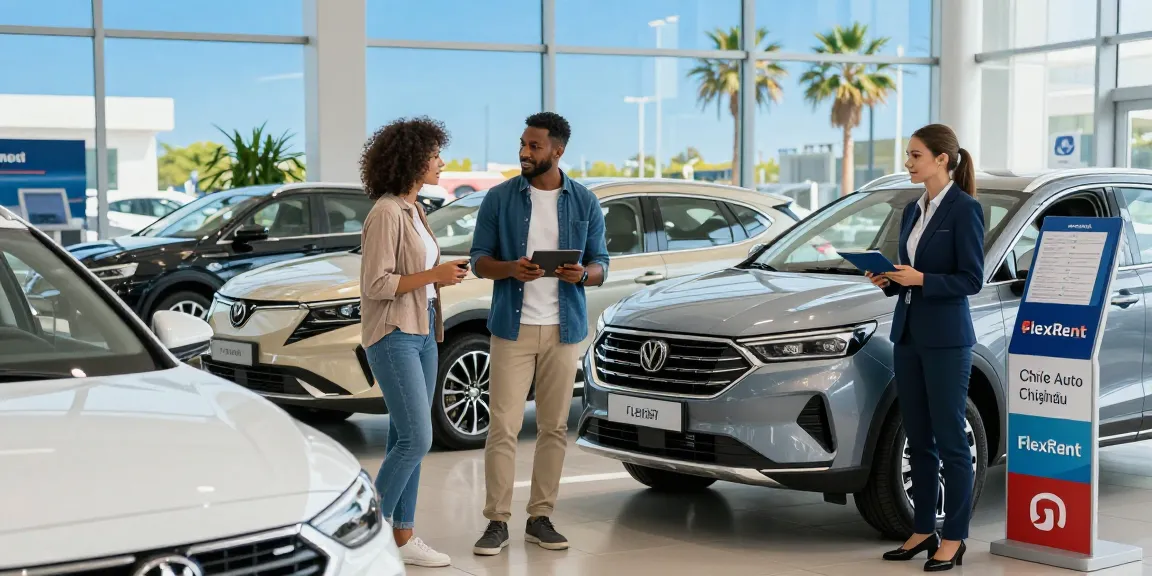 Couple choosing a vehicle with FlexRent Chirie Auto Chișinău agents at the airport, exemplifying excellent car rental service.