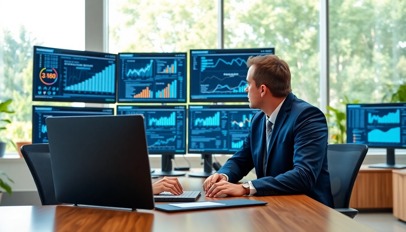 Analyze AI for competitor analysis trends with a business professional in a modern office.