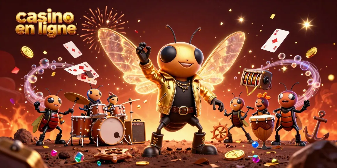 Jouez à un casino en ligne avec cette scène festive illustrant un insecte rock star et des éléments de jeux