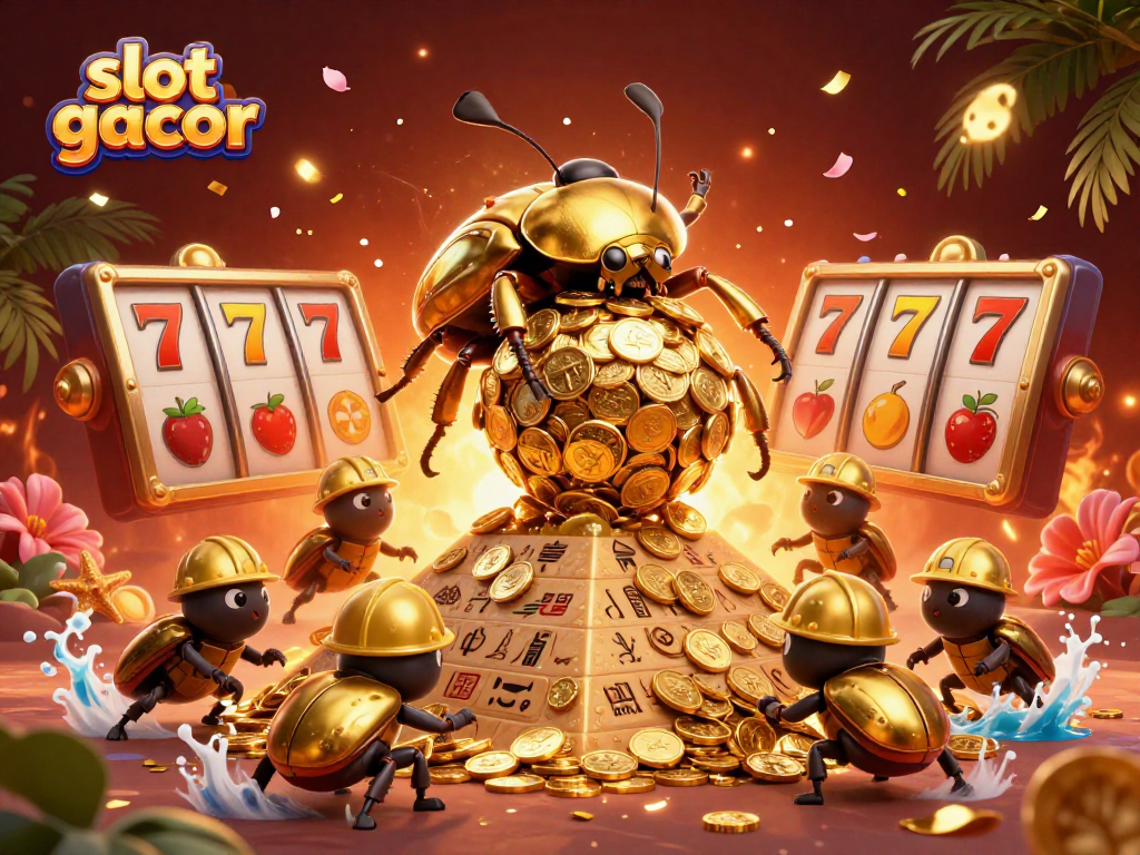 Experience the excitement of slot gacor with a vibrant 3D illustration showcasing fun casino elements and golden coins.