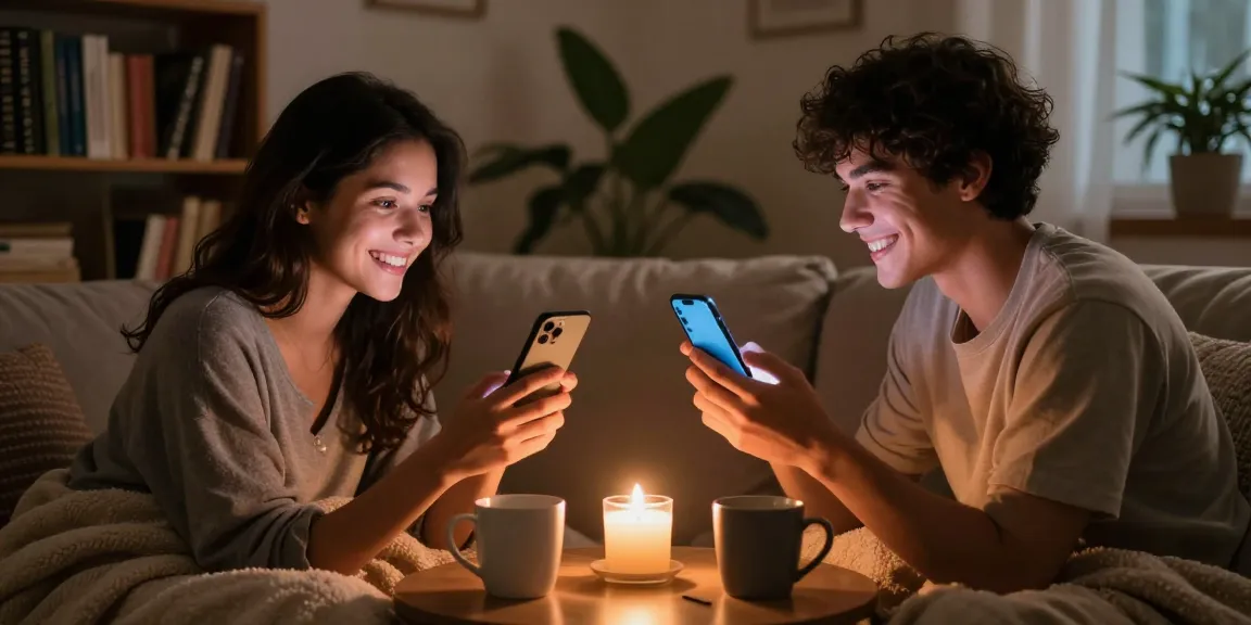 Engaging in sex AI chat, couple cozy in living room with romantic elements.