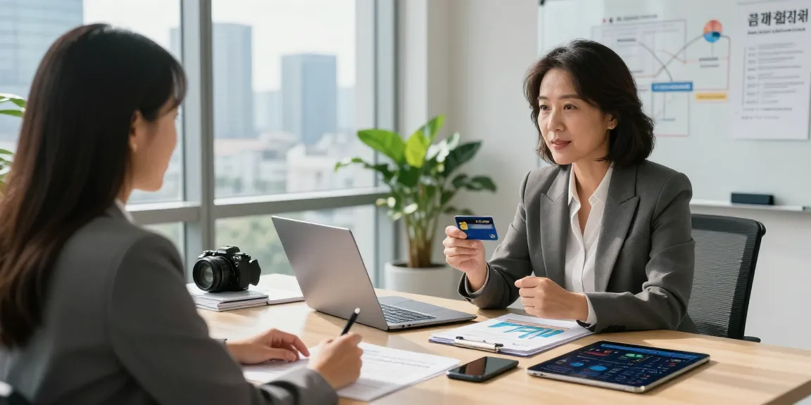 Client consultation on 신용카드현금화 options in a modern office setting, with financial charts and real-time data displayed.