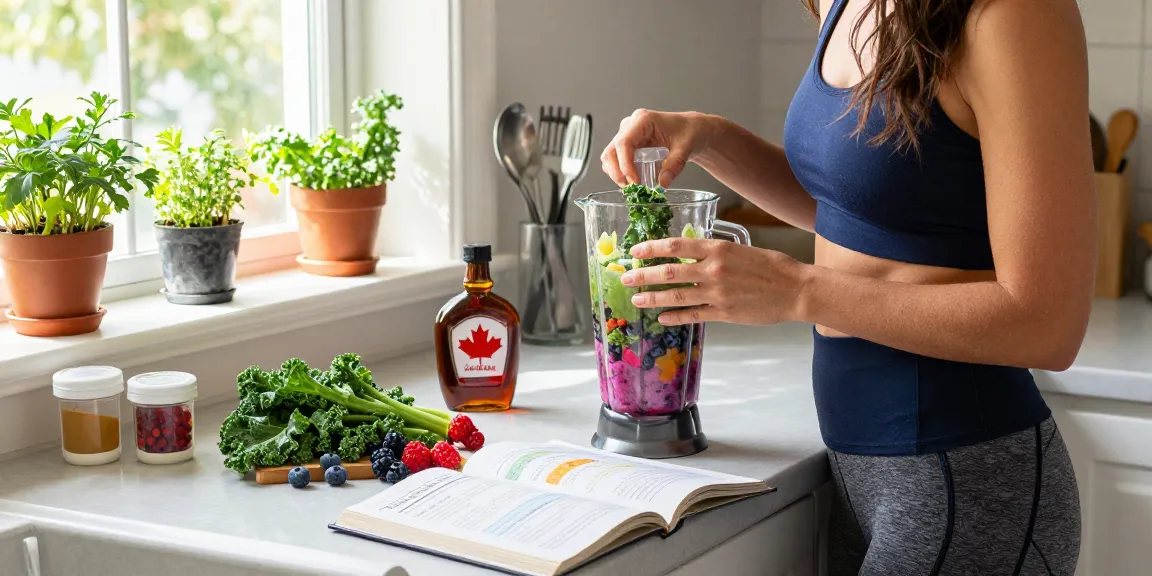 Creating nutritious smoothies with made in Canada supplements in a sunny kitchen.