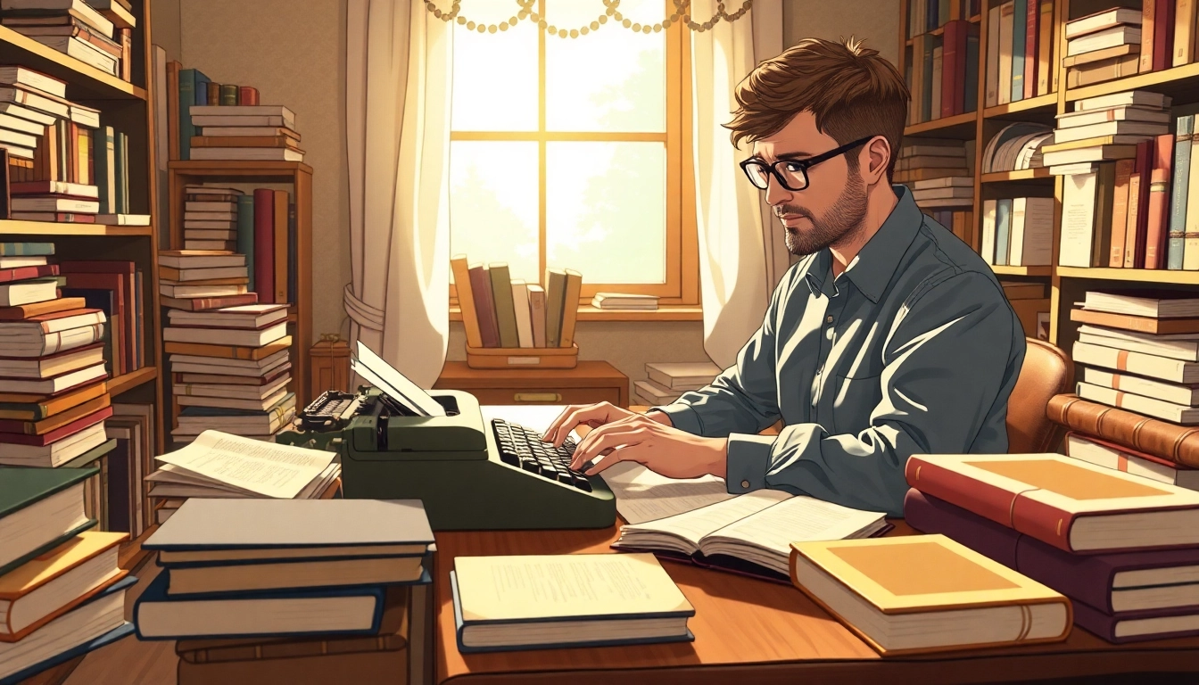 Author engaged in creative writing at a vintage typewriter in a cozy office setting.