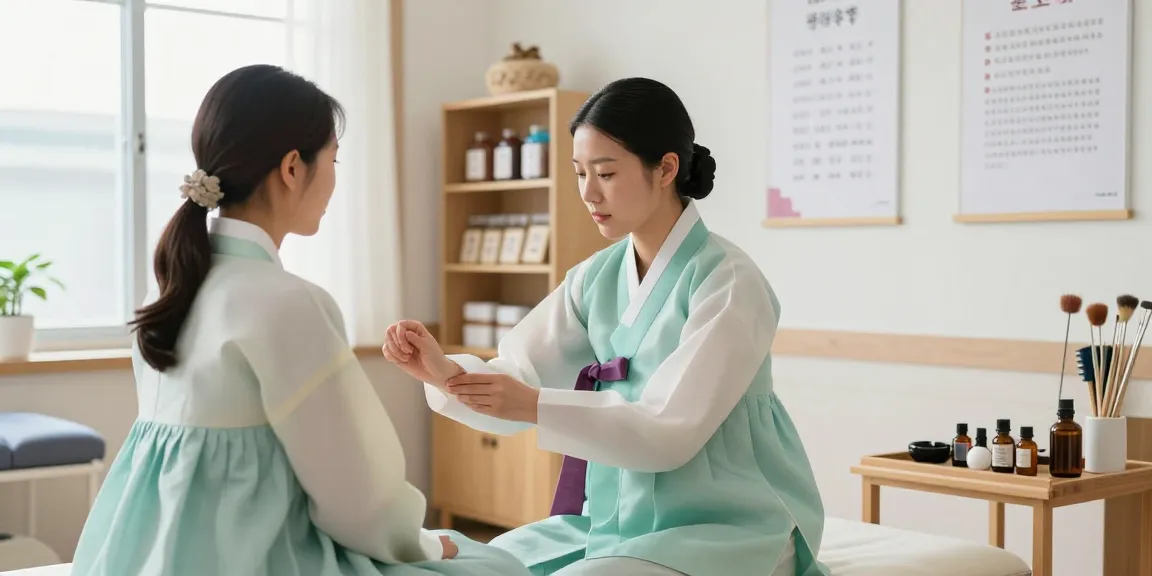 영통한의원 practitioner examining patient in a serene healthcare setting with natural light.