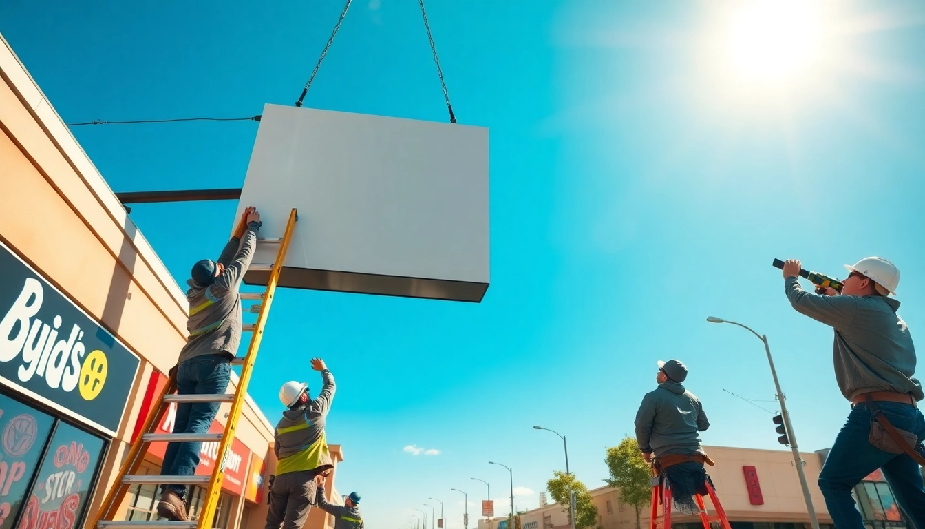 Team performing sign installation on a storefront with professional tools and equipment.