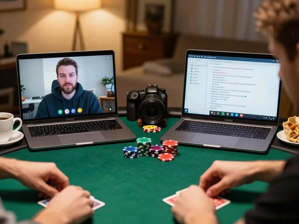 Pemain menikmati permainan poker online di rumah dengan antarmuka paris888, menunjukkan keterlibatan dan interaksi strategis.
