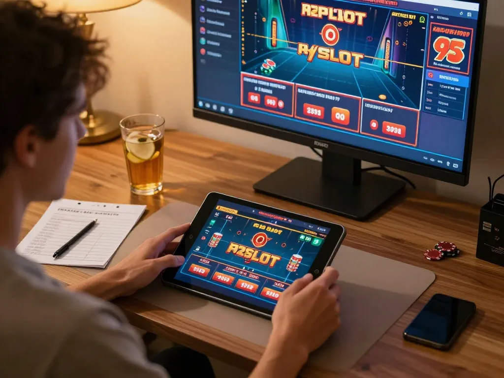 A player engaging in live betting on 92slot from a stylish home desk, showcasing a strategic online casino experience.