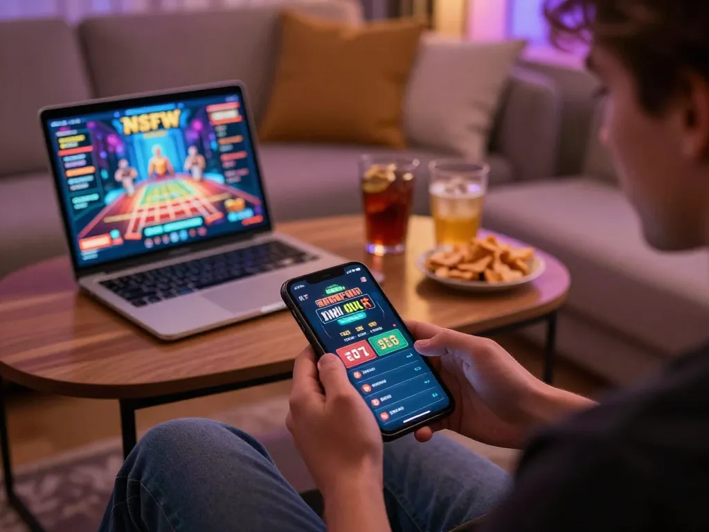 Enjoying nsfw games on a tablet in a cozy living room, relaxed gaming atmosphere.