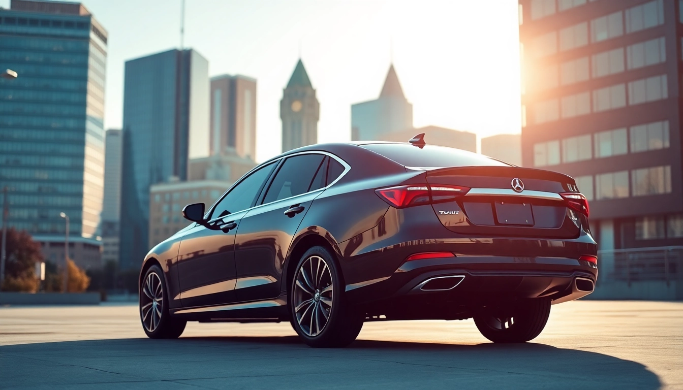 Enhance privacy and style with window tinting Cleveland TN featuring a sleek car against a vibrant city backdrop.