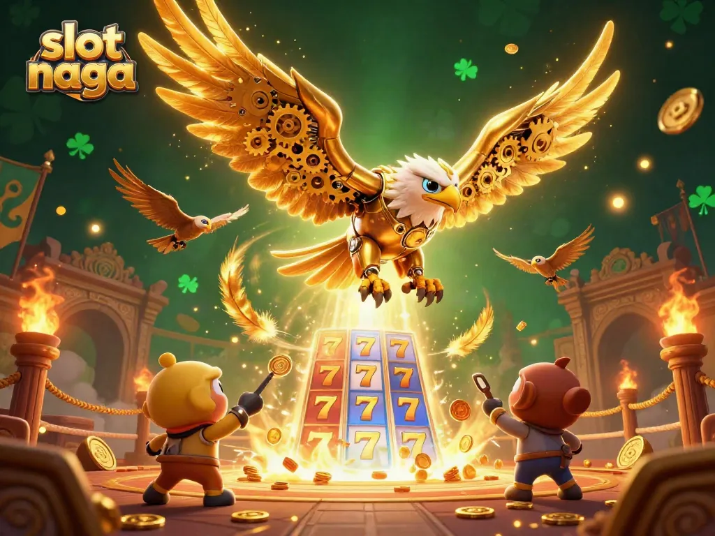 Experience the thrill of slot naga with a golden eagle swooping over holographic reels in a vibrant casino scene.