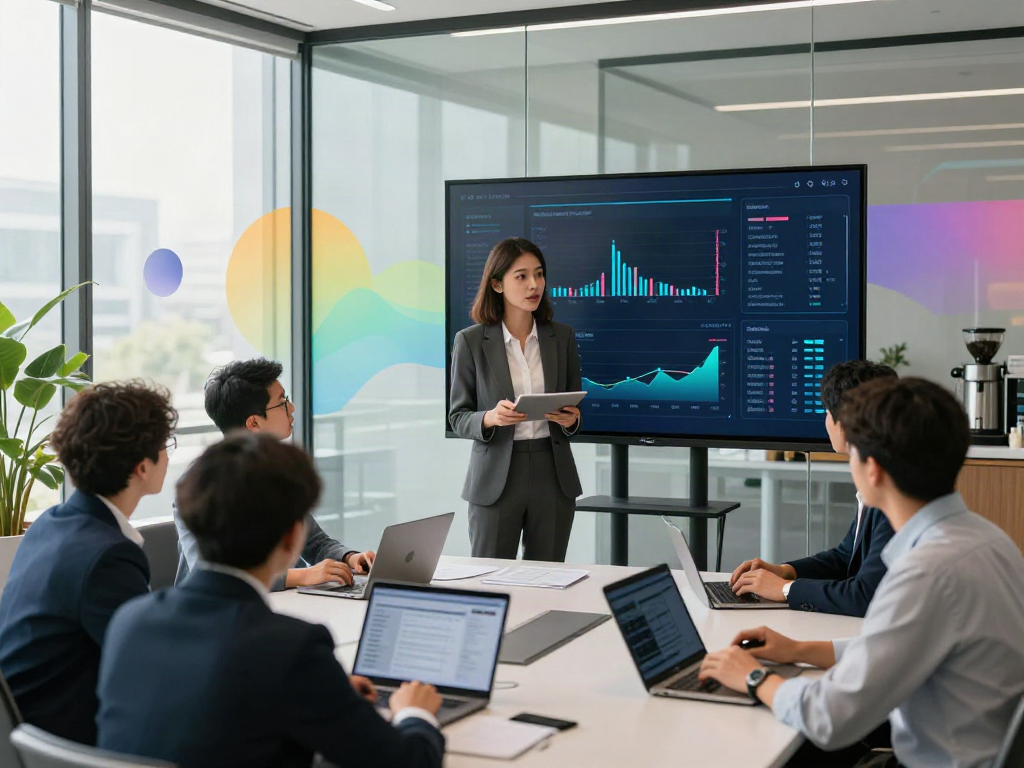 Dynamic financial research meeting showcasing professionals analyzing market trends using FintechZoom.com insights.