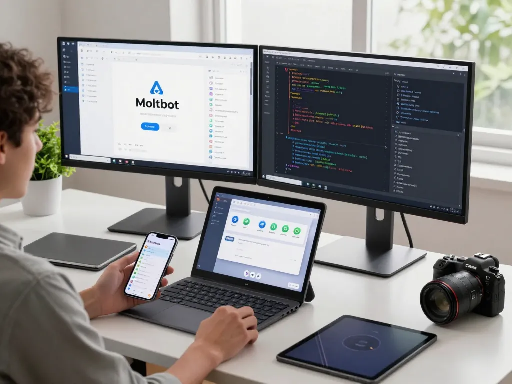 Moltbot AI assistant workspace with dual monitors and integration apps, showcasing productivity.