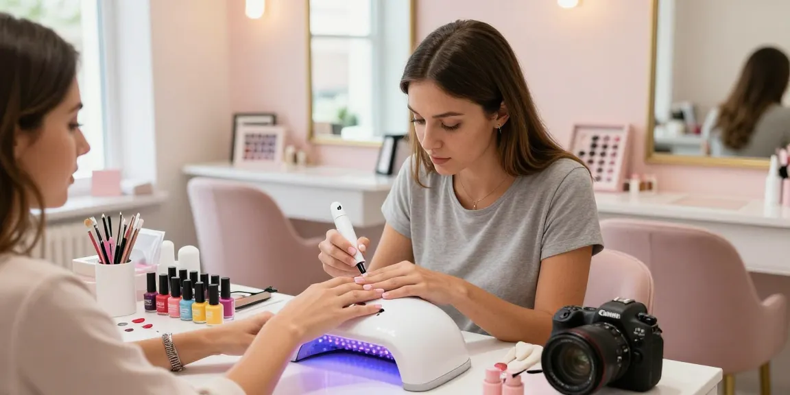 Un tehnician de unghii aplicând cu măiestrie oja semipermanenta într-un salon luminos cu o atmosferă elegantă.