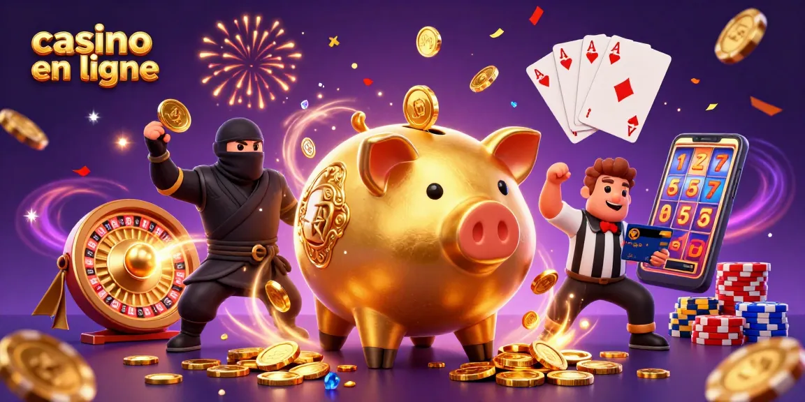 Illustration d'un casino en ligne avec une tirelire en forme de sumo et des pièces d'or en mouvement