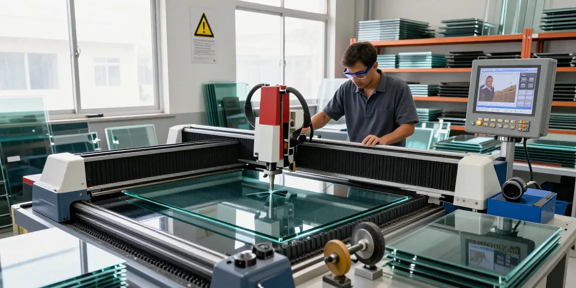 Technician operating a glass cutting machine with precise control in a bright workshop.