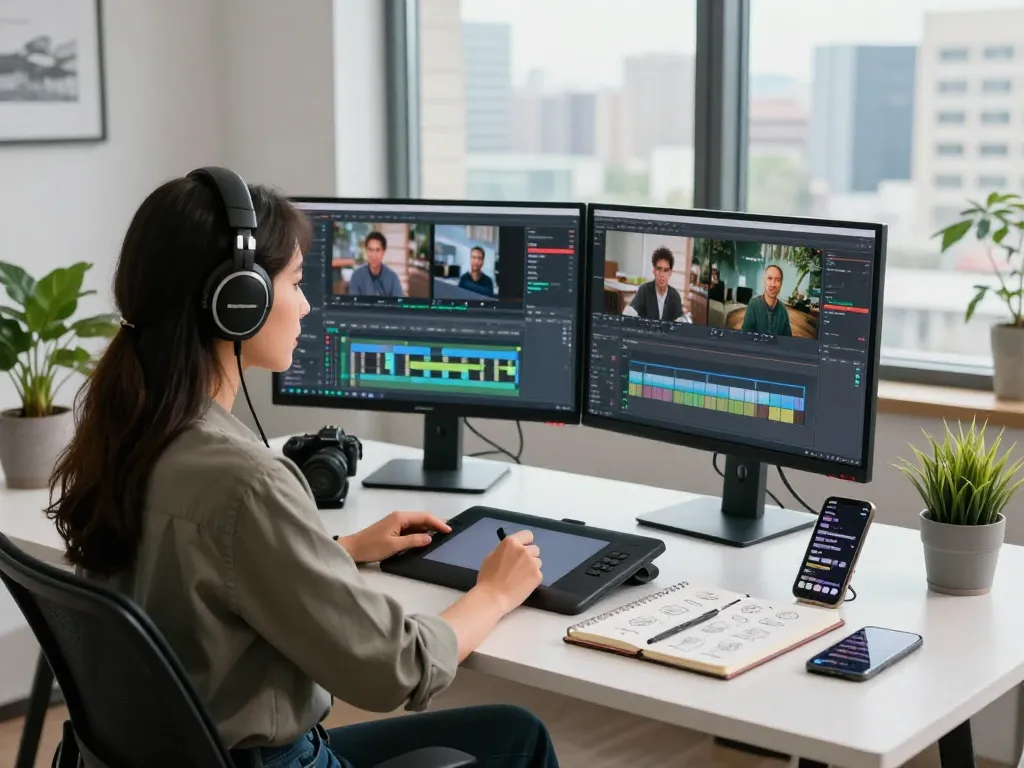 Video to prompt generator in a modern editing workspace, showcasing video editing tools and dynamic creative process.